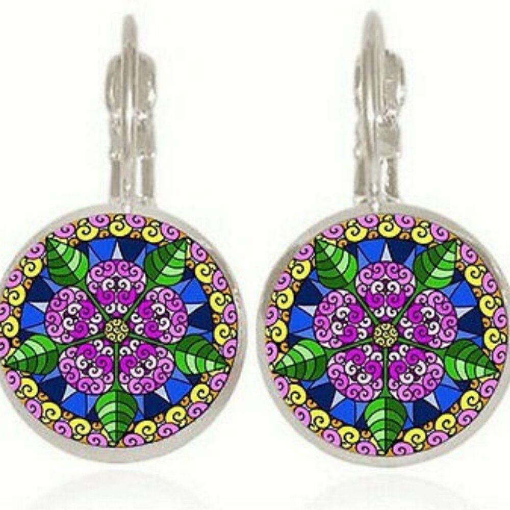 NEW Silver Purple & Green Mandala Hippie Bohemian Floral Cabochon Drop Earrings